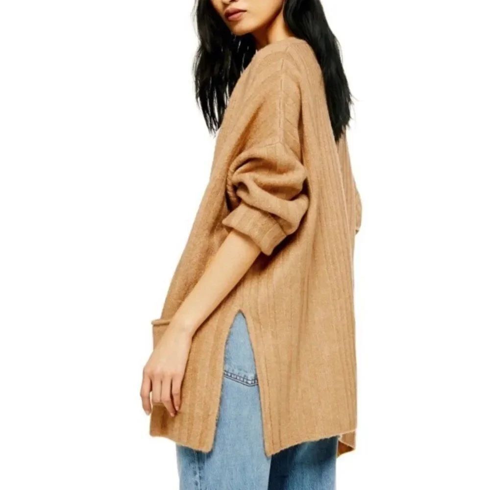 Tan Rib Knit Open Front Pockets Mid Length Chunky Cardigan Sweater NEW